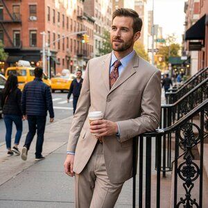 New 2026 Mens 2pc Solid Light Taupe Suit Set, Modern Fit